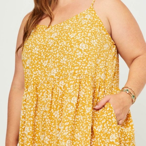 Hayden Plus Size Mustard Plus Floral Ruffle Tiered Sleeveless Dress 1X - 3X - Picture 4 of 5